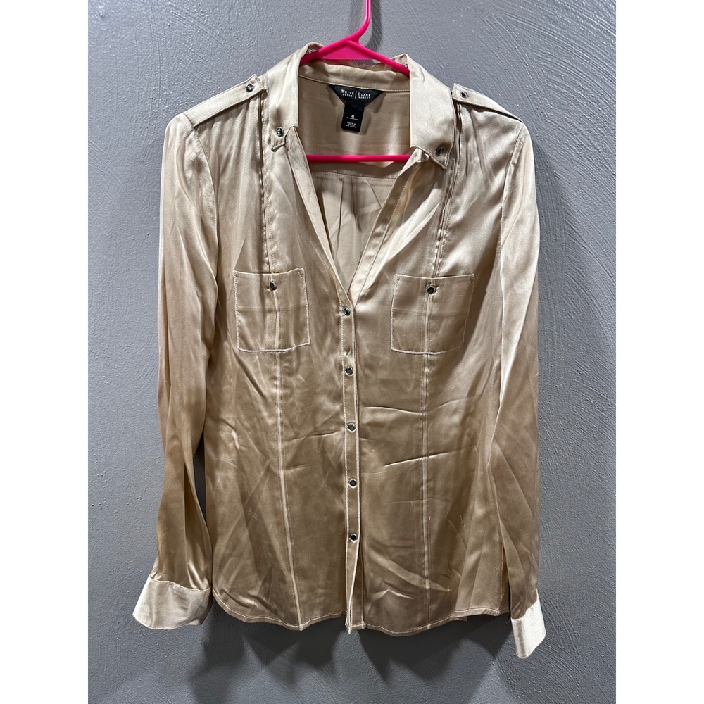 White House Black Market Silk Blend Satin Utility Blouse Champagne Gold Size 8